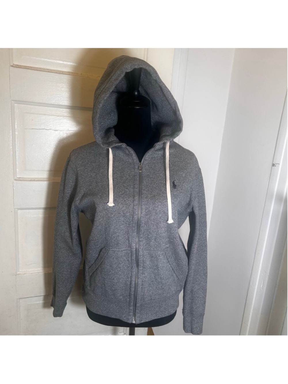 Men's Polo Ralph Lauren Gray Full-Zip Hoodie S with White Drawstrings
